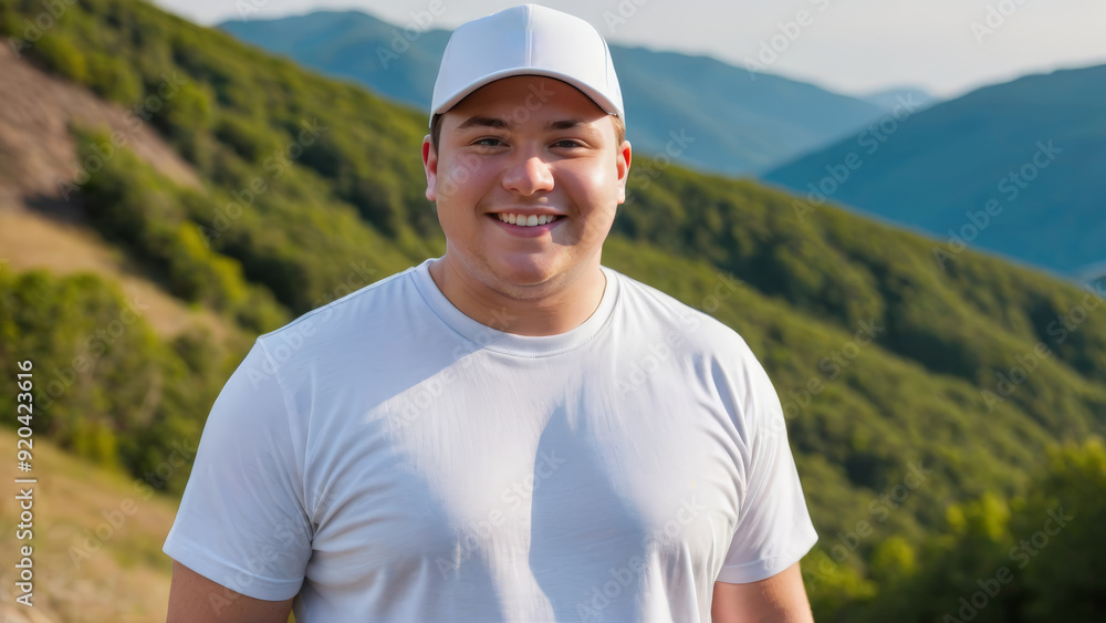 Plus size young man wearing white t-shirt and white baseball cap standing on a mountain Plus size young man wearing white t-shirt and white baseball cap standing on a mountain
