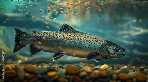 Salmon fish swimming in freshwater, high-quality photo capturing dynamic underwater scene from an angle view; showcasing the natural habitat and movement of the fish.

 photo