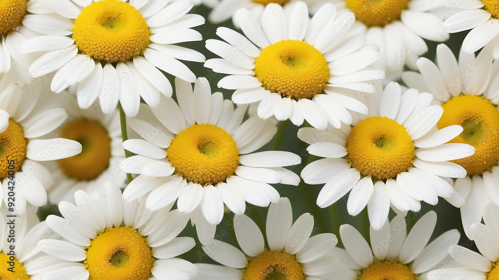 Fototapeta premium chamomile blossoms, emphasizing the delicate white petals and the central yellow disc. The image is styled with a warm