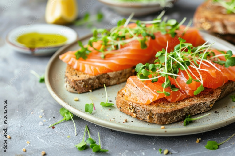 Toasts with salmon and microgreens on the table. Tasty breakfast. Healthy food, and dieting concept Toasts with salmon and microgreens on the table. Tasty breakfast. Healthy food, and dieting concept