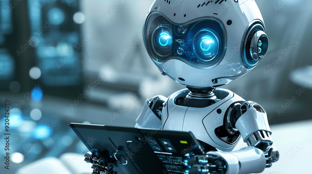 Cute Artificial Intelligence Robot Holding Notebook in Futuristic Setting Cute Artificial Intelligence Robot Holding Notebook in Futuristic Setting