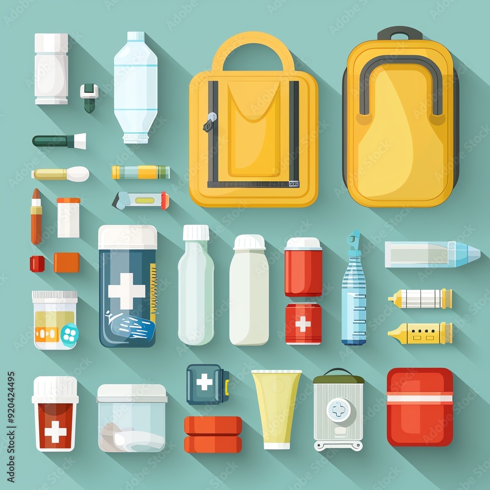 Flat lay of essential first aid and emergency supplies including bags, bottles, and medical items on a green background. Flat lay of essential first aid and emergency supplies including bags, bottles, and medical items on a green background.