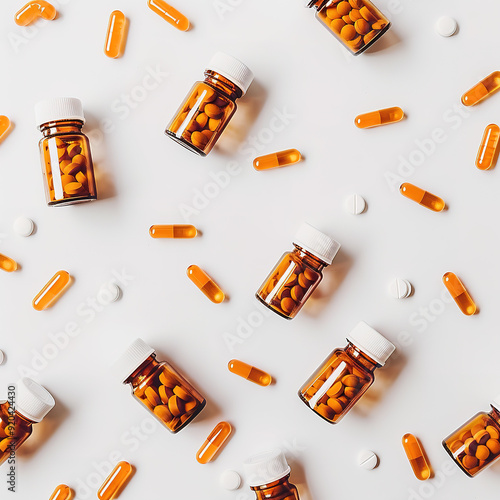 Round pill bottles lying on the surface, arranged in a professional composition, showcasing their shape and color against a clean surface, ideal for pharmaceutical imagery. 

 photo