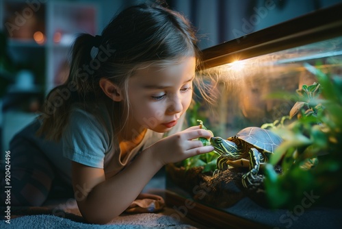 Little girl feeding a turtle in a terrarium. photo