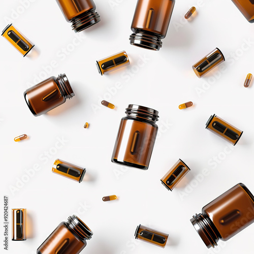 Round pill bottles flying in the air, captured in a dynamic angle view, showcasing the concept of medicine and health care, isolated on white background. 

 photo