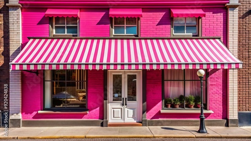 Vibrant pink storefront with horizontal striped awning casts a stylish shadow on a bright sunny day in a bustling urban shopping district.