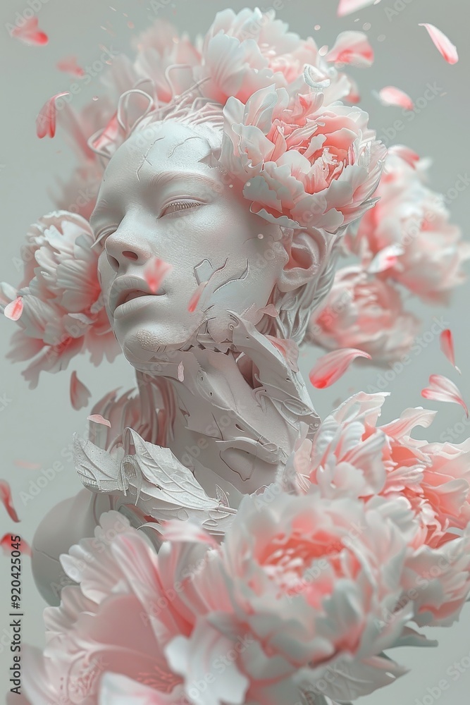 A tranquil figure surrounded by pink and white peonies, embodying rest and serenity during travel A tranquil figure surrounded by pink and white peonies, embodying rest and serenity during travel