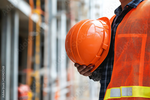 A construction worker holding an orange hard hat and wearing a safety vest on a construction site, symbolizing safety and industry.