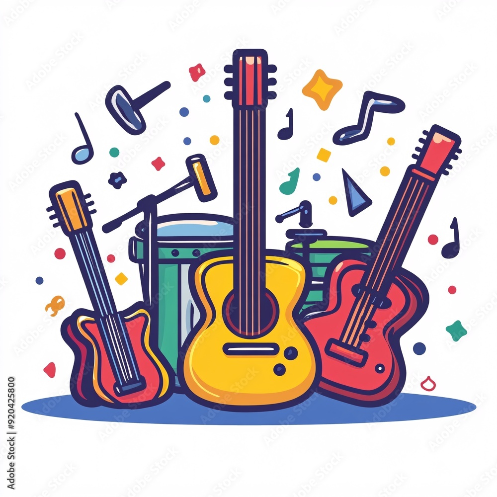Naklejka premium 240805 57. A simple vector icon illustration depicting the group of entertainment with guitar items at center for a website isolated white background