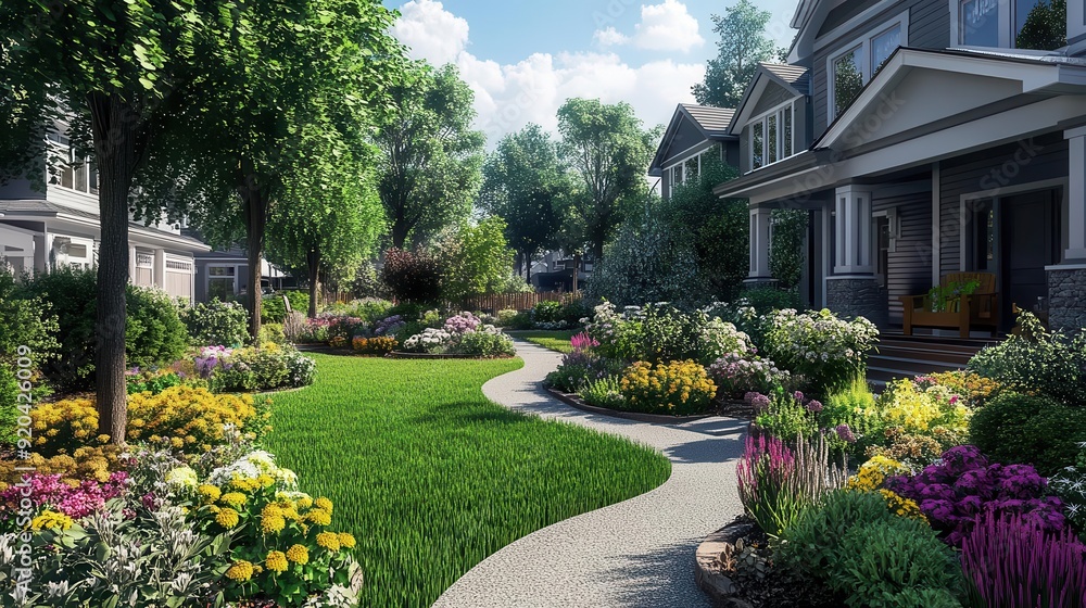 A house with a beautiful front yard landscape settings A house with a beautiful front yard landscape settings