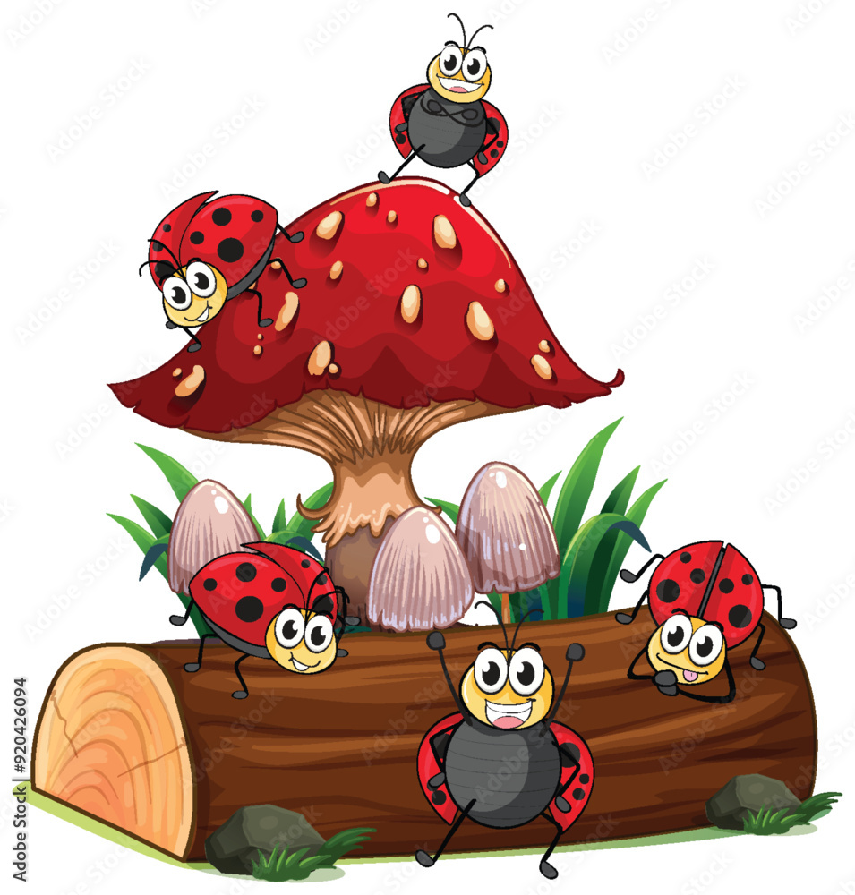 Obraz premium Happy Ladybugs on a Mushroom