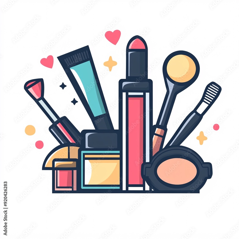 240805 86. A simple vector icon illustration depicting the group of beauty items at center for a website isolated white background with lipstick mascara blush brush foundation palette eyelash curler 240805 86. A simple vector icon illustration depicting the group of beauty items at center for a website isolated white background with lipstick mascara blush brush foundation palette eyelash curler