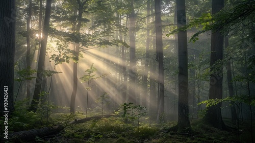 Sunbeams piercing through misty forest Ethereal light rays filtering through trees Foggy woodland scene Atmospheric nature landscape Dreamy forest ambiance