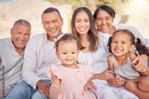 Grandparents, portrait and kids outdoor with smile, travel and summer vacation in park. Holiday, family and youth together with care, bonding and love with happy senior people and parents in nature