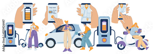 Electric Transport with Man and Woman Character Ride Eco-friendly Vehicle Vector Illustration