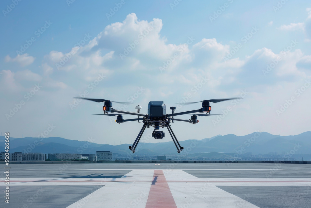 Obraz premium A hybrid drone taking off from a helipad, demonstrating its VTOL capability and flexibility