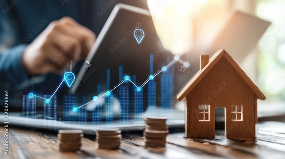 A miniature house with a rising blue graph and coins in front of a person working on a laptop. A miniature house with a rising blue graph and coins in front of a person working on a laptop.