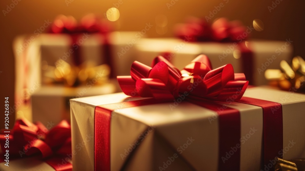 Closeup of Wrapped Gifts with Red Bows Closeup of Wrapped Gifts with Red Bows