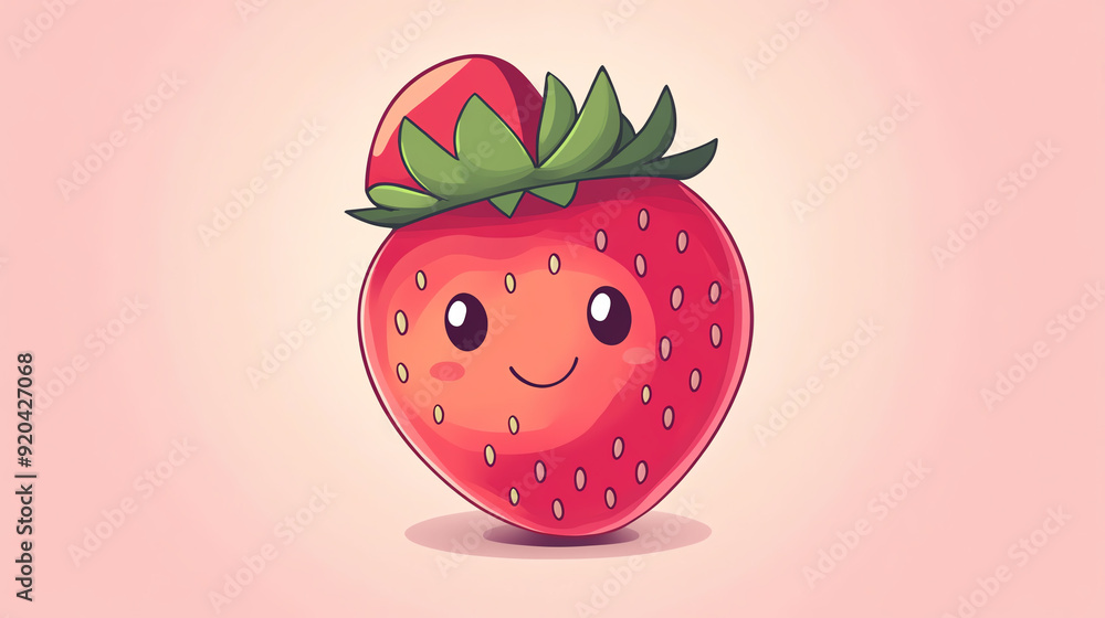 Obraz premium A cute and cheerful cartoon strawberry with a smiling face, set against a soft pink background. Perfect for playful designs!