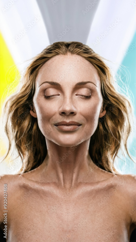 A woman with eyes closed and a colorful background, AI A woman with eyes closed and a colorful background, AI