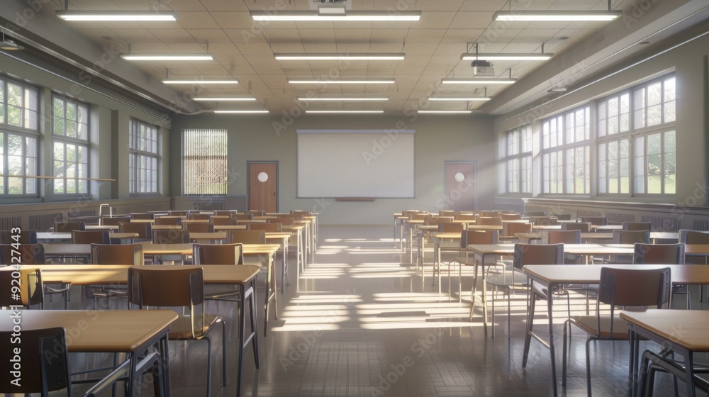 Empty Classroom with Sunlight Streaming Through Windows Empty Classroom with Sunlight Streaming Through Windows