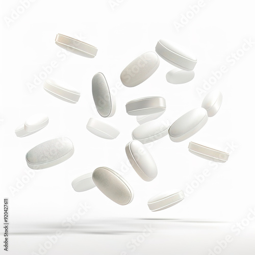 Oval suppositories flying in the air, captured in a dynamic composition, showcasing a unique and abstract view of pharmaceutical products. 

 photo