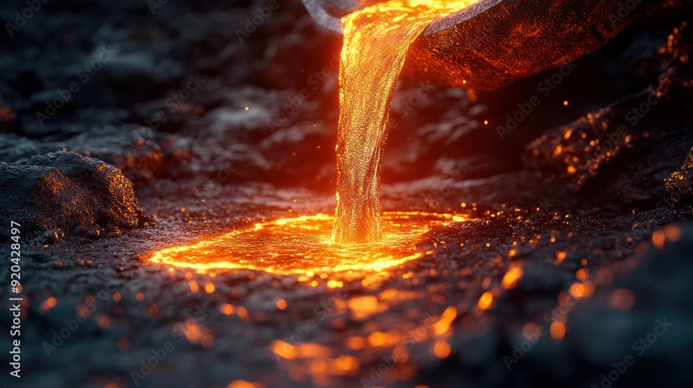 Fototapeta premium Molten Lava Flowing Over Dark Rocks