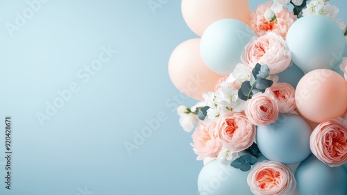 Stylish photo zone with pastel balloons, a flower wall backdrop, and vibrant party props for lively captures.