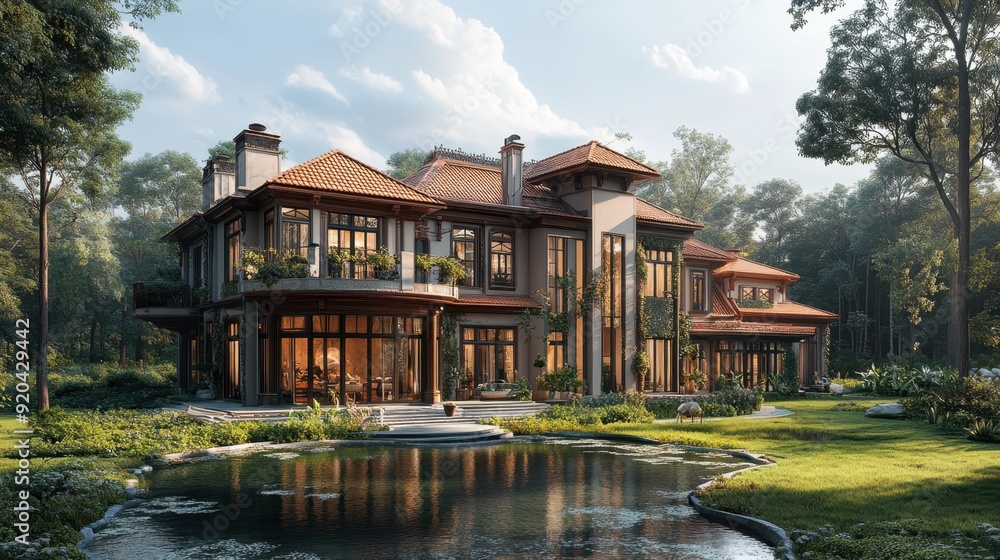 Enchanting Fusion of Storybook Charm and Art Nouveau Elegance - 3D Architectural Render with Serene Pond and Cinematic Style Enchanting Fusion of Storybook Charm and Art Nouveau Elegance - 3D Architectural Render with Serene Pond and Cinematic Style