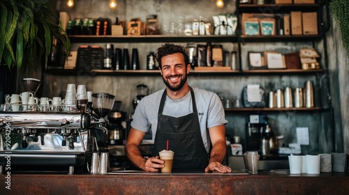 Smiling Barista Holding a Cup of Coffee in a Cafe