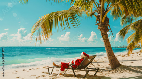 Fototapeta Naklejka Na Ścianę i Meble -  Santa Claus sitting in a beach chair on a tropical beach under the palms and relaxing in the sun. Concept of celebrating Christmas somewhere warm. Vacation, travel, travel agency promotion
