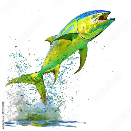 Mahi-mahi fish jumping out of the water, showcasing its vibrant colors and dynamic movement. Isolated on white background for a clear display of this aquatic scene.  

 photo