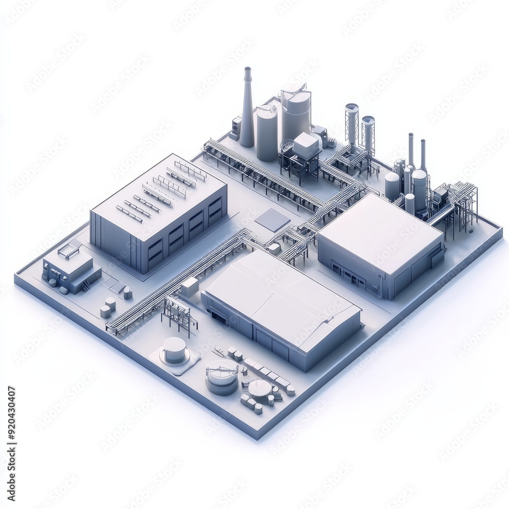 3D Render of a factory with a straightforward design and multiple production zones 3D Render of a factory with a straightforward design and multiple production zones