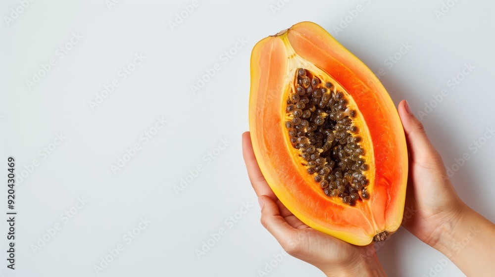 papaya resting on an open hand, on a white background papaya resting on an open hand, on a white background