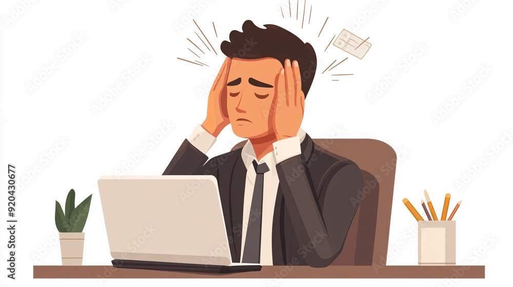 240805 52. A man experiencing discomfort at head in corporate workspace. Cranial muscle tension caused by chronic stress and prolonged screen viewing. Medical illustration on white background,png 240805 52. A man experiencing discomfort at head in corporate workspace. Cranial muscle tension caused by chronic stress and prolonged screen viewing. Medical illustration on white background,png
