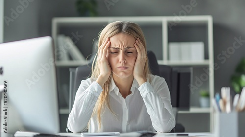 240805 51. A woman having head pain at office. Cranium pressure due to tension headache and staring at screens longtime. Health and medical concept isolated on white background,png photo