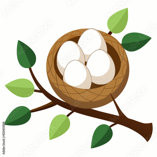 bird nest on branch with eggs vector illustration 