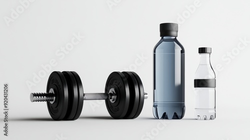 A dumbbell beside two water bottles, symbolizing fitness and hydration, perfect for exercise and gym-related themes.