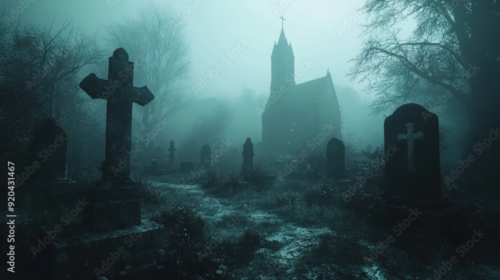 Eerie 3D Renderings of a Spooky Graveyard with Fog and Tombstones, Perfect for Halloween Ambiance Eerie 3D Renderings of a Spooky Graveyard with Fog and Tombstones, Perfect for Halloween Ambiance