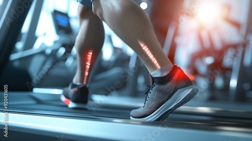 240805 82. A man experiencing discomfort at calf in fitness center. Gastrocnemius tendon inflammation caused by repetitive impact and prolonged high-intensity treadmill sessions. Medical illustration