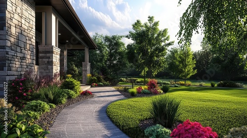 A house with a beautiful front yard landscape settings