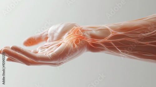 240805 108. Close-up of person massaging painful forearm in professional studio setting. Inflamed ulnar nerve near elbow due to repetitive strain and excessive gripping of artistic implements. photo