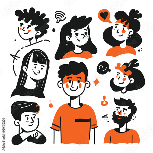 A group of diverse cartoon characters with vibrant orange and black accents.
