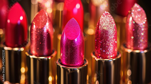 High-quality red pink black photo of glossy lipsticks arranged elegantly, showcasing various vibrant shades. The angle view highlights their shine and texture for beauty composition.

 photo