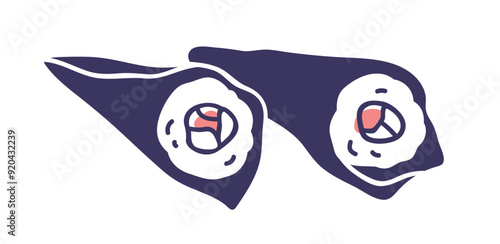 Temaki, sushi rolled in nori. Cone-shaped Japanese food with rice, cheese, salmon fish. Traditional Japan snack, eating. Asian cuisine. Flat vector graphic illustration isolated on white background