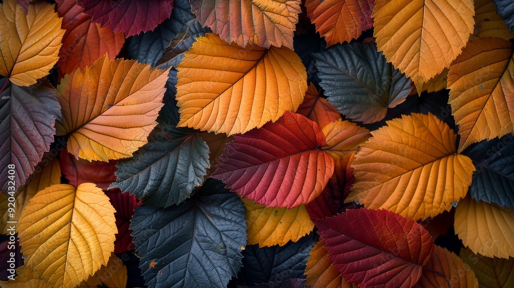 Fototapeta premium Colorful autumn leaves in shades of orange, red, and yellow scattered on the ground during fall