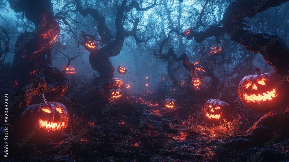 Eerie 3D Rendering of a Spooky Forest with Twisted Trees and Glowing Jack-o'-lanterns, Creating a Haunting Atmosphere Eerie 3D Rendering of a Spooky Forest with Twisted Trees and Glowing Jack-o'-lanterns, Creating a Haunting Atmosphere