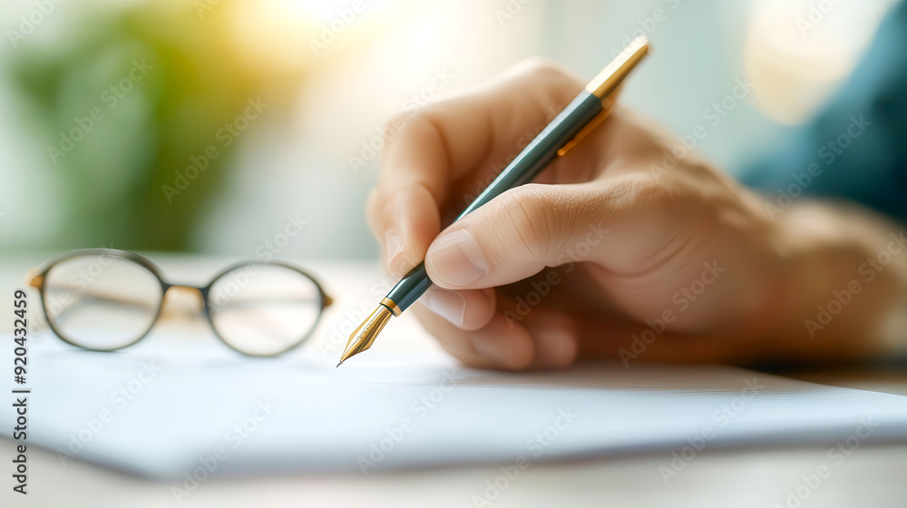 A hand writing with a pen on a blank sheet of paper, showcasing focus and creativity in an inspiring workspace. A hand writing with a pen on a blank sheet of paper, showcasing focus and creativity in an inspiring workspace.