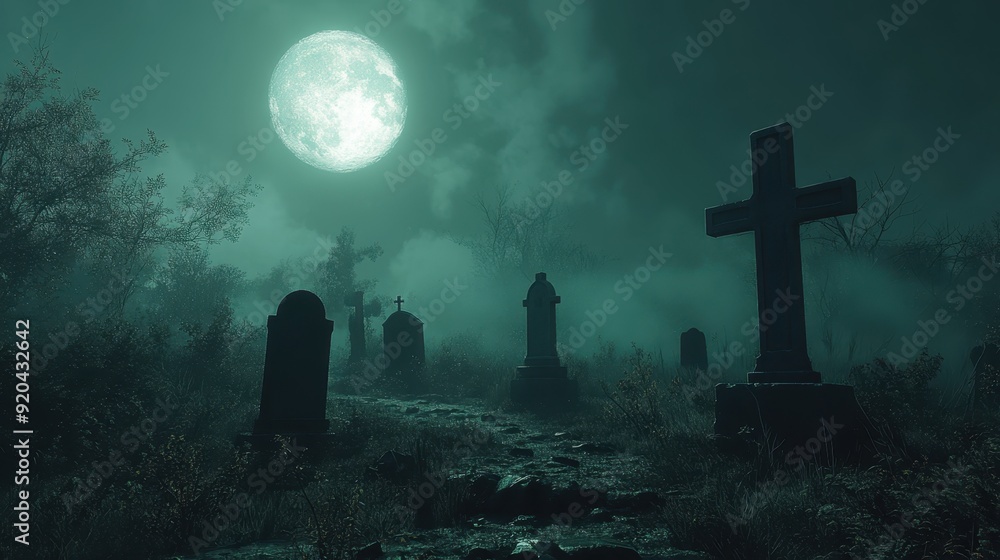 Spooky 3D Halloween Graveyard Under Full Moon with Eerie Fog - Atmospheric Tombstones Scene Spooky 3D Halloween Graveyard Under Full Moon with Eerie Fog - Atmospheric Tombstones Scene