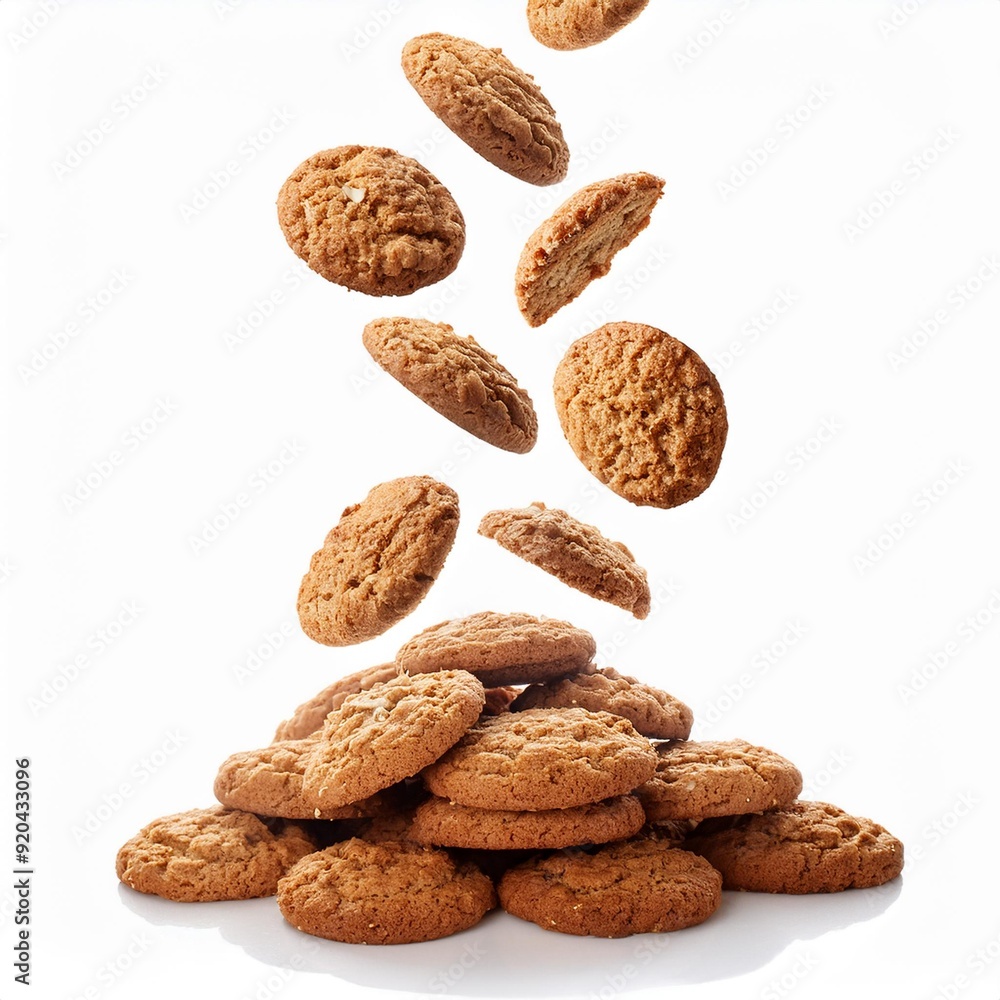 Falling oatmeal cookies isolated on white background Falling oatmeal cookies isolated on white background